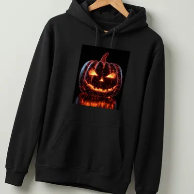 3D wireframe pumpkin design in orange, black, and yellow for Halloween — printed on a unisex hoodie