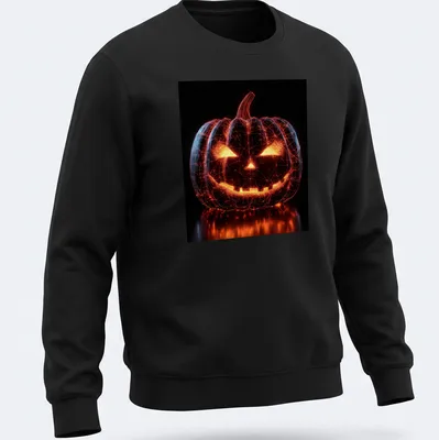 3D wireframe pumpkin design in orange, black, and yellow for Halloween — printed on a unisex sweatshirt