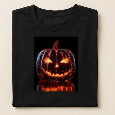 3D wireframe pumpkin design in orange, black, and yellow for Halloween — printed on a women's shirt