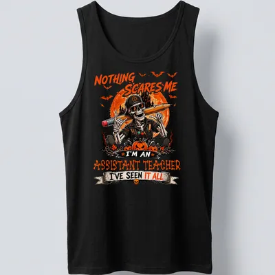 Vintage Halloween t-shirt featuring a skeleton teacher with sunglasses and humorous text. — printed on a tank top