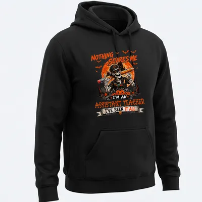 Vintage Halloween t-shirt featuring a skeleton teacher with sunglasses and humorous text. — printed on a unisex hoodie