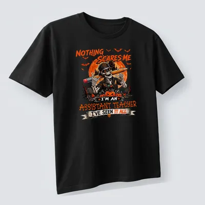 Vintage Halloween t-shirt featuring a skeleton teacher with sunglasses and humorous text. — printed on a unisex t-shirt (angled view)