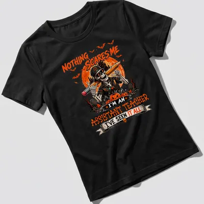 Vintage Halloween t-shirt featuring a skeleton teacher with sunglasses and humorous text. — printed on a women's shirt