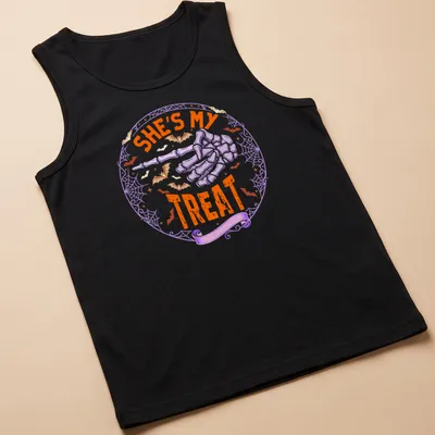 Playful Halloween t-shirt with skeleton hand and text She's My Treat — printed on a tank top