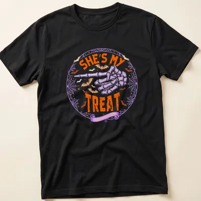 Playful Halloween t-shirt with skeleton hand and text She's My Treat