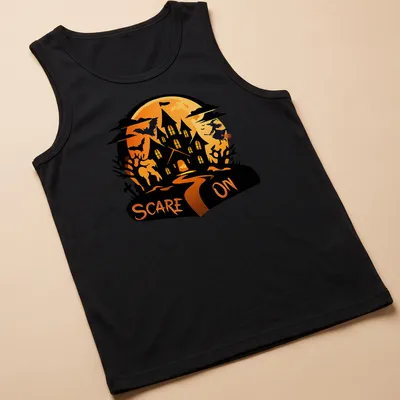 Cartoon haunted house t-shirt with the text 'SCARE ON' above in orange and black — printed on a tank top