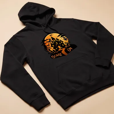 Cartoon haunted house t-shirt with the text 'SCARE ON' above in orange and black — printed on a unisex hoodie
