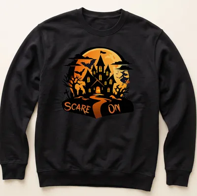 Cartoon haunted house t-shirt with the text 'SCARE ON' above in orange and black — printed on a unisex sweatshirt