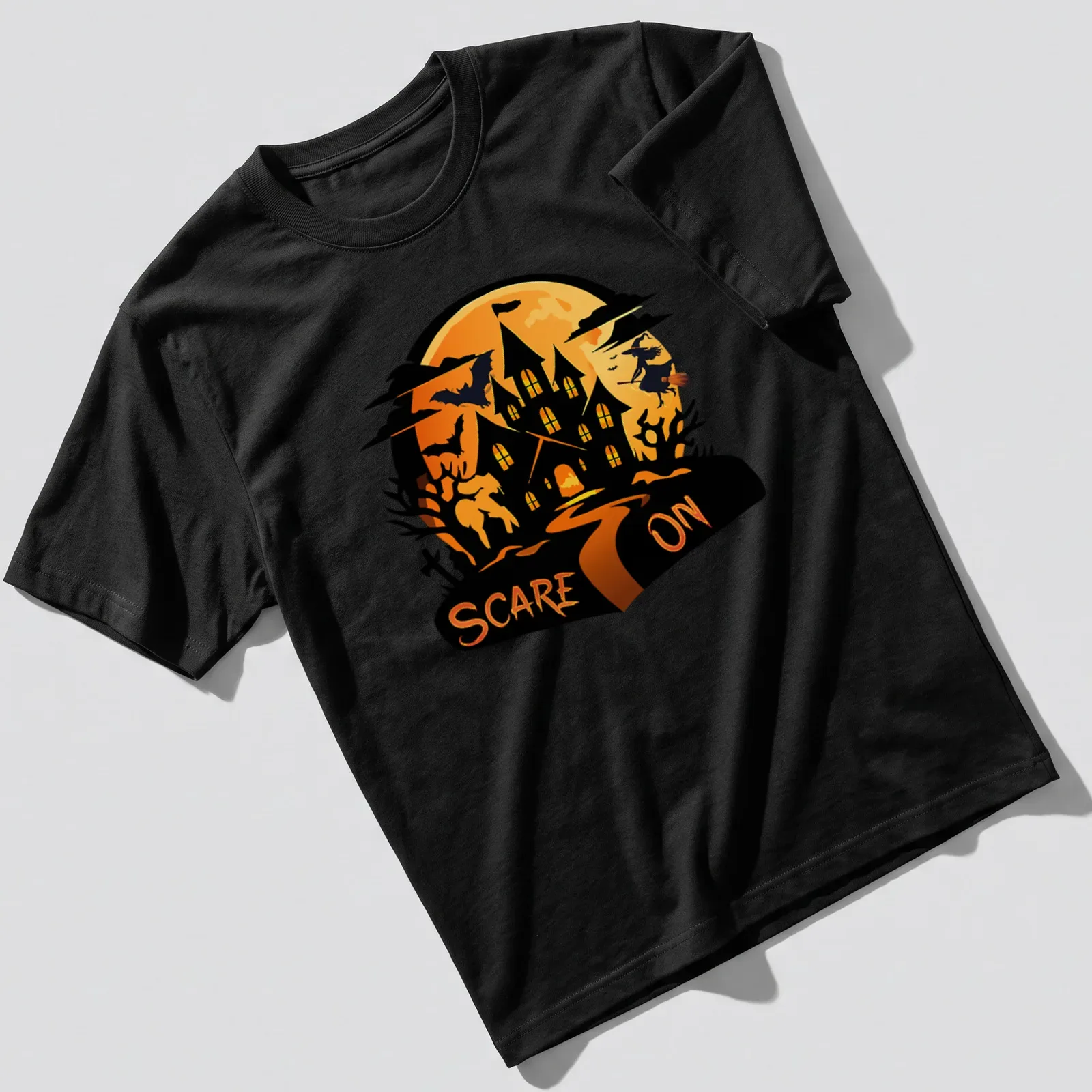 Cartoon haunted house t-shirt with the text 'SCARE ON' above in orange and black — printed on a unisex t-shirt