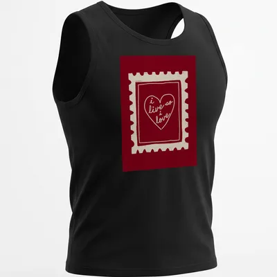 Retro heart stamp graphic with text 'i live so i love' in red and cream. — printed on a tank top