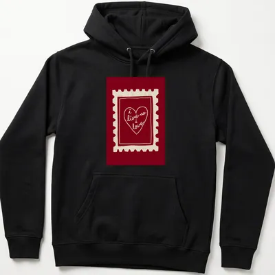 Retro heart stamp graphic with text 'i live so i love' in red and cream. — printed on a unisex hoodie
