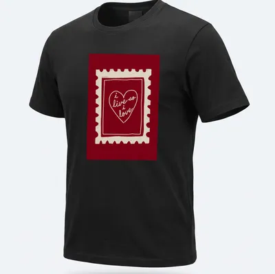 Retro heart stamp graphic with text 'i live so i love' in red and cream.