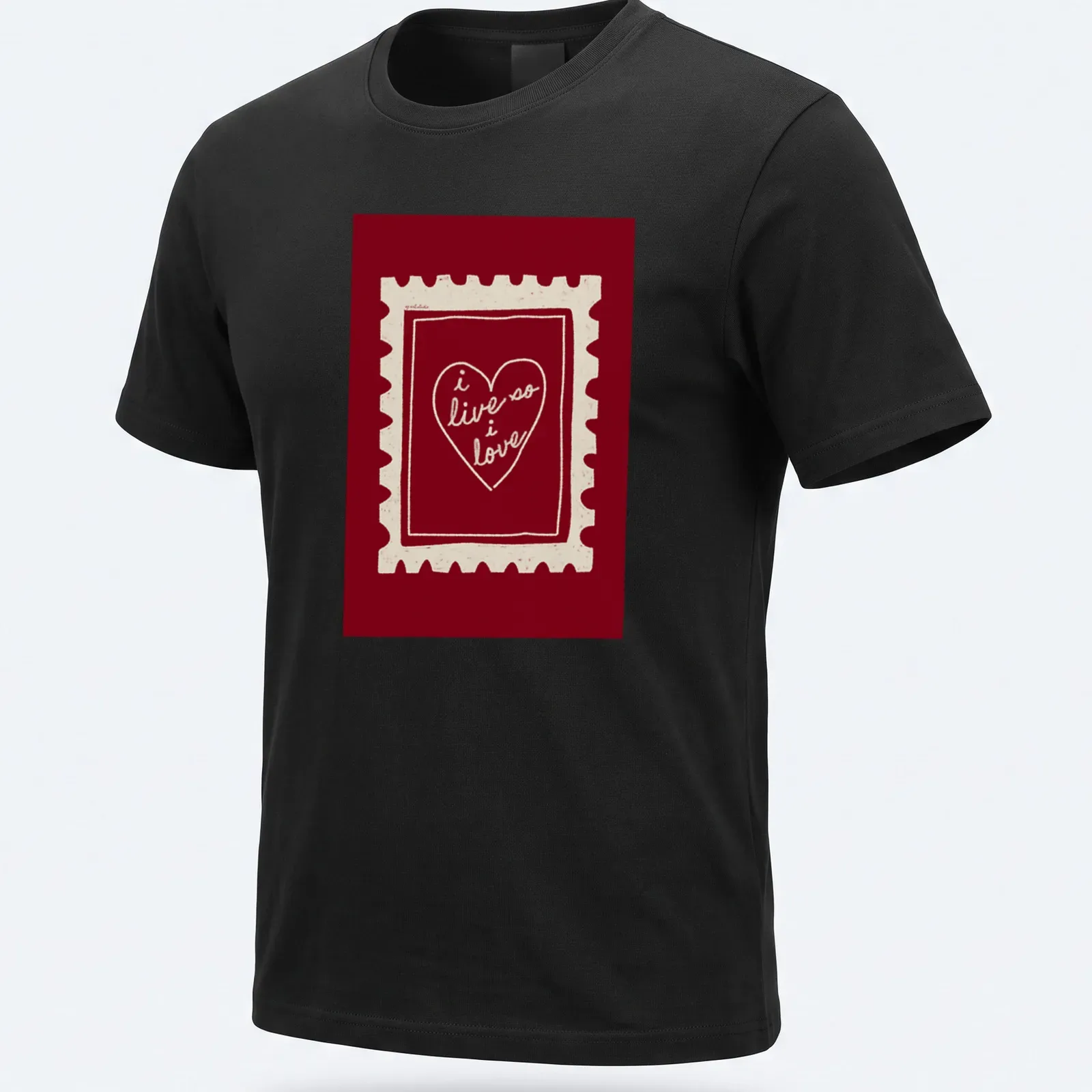Retro heart stamp graphic with text 'i live so i love' in red and cream. — printed on a unisex t-shirt