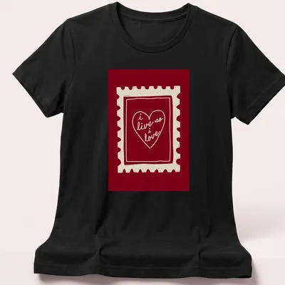 Retro heart stamp graphic with text 'i live so i love' in red and cream. — printed on a women's shirt