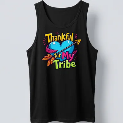 Colorful cartoon heart with arrow and text 'Thankful for My Tribe' — printed on a tank top