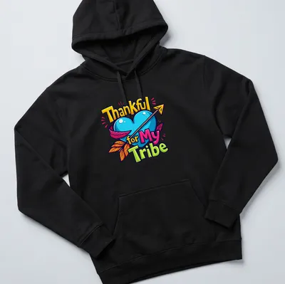 Colorful cartoon heart with arrow and text 'Thankful for My Tribe' — printed on a unisex hoodie