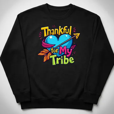 Colorful cartoon heart with arrow and text 'Thankful for My Tribe' — printed on a unisex sweatshirt