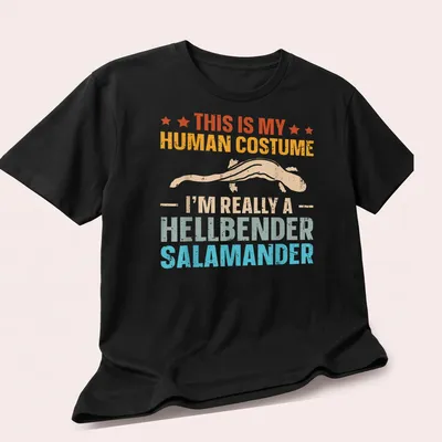 Vintage distressed shirt featuring a hellbender salamander with humorous text — printed on a unisex t-shirt (angled view)