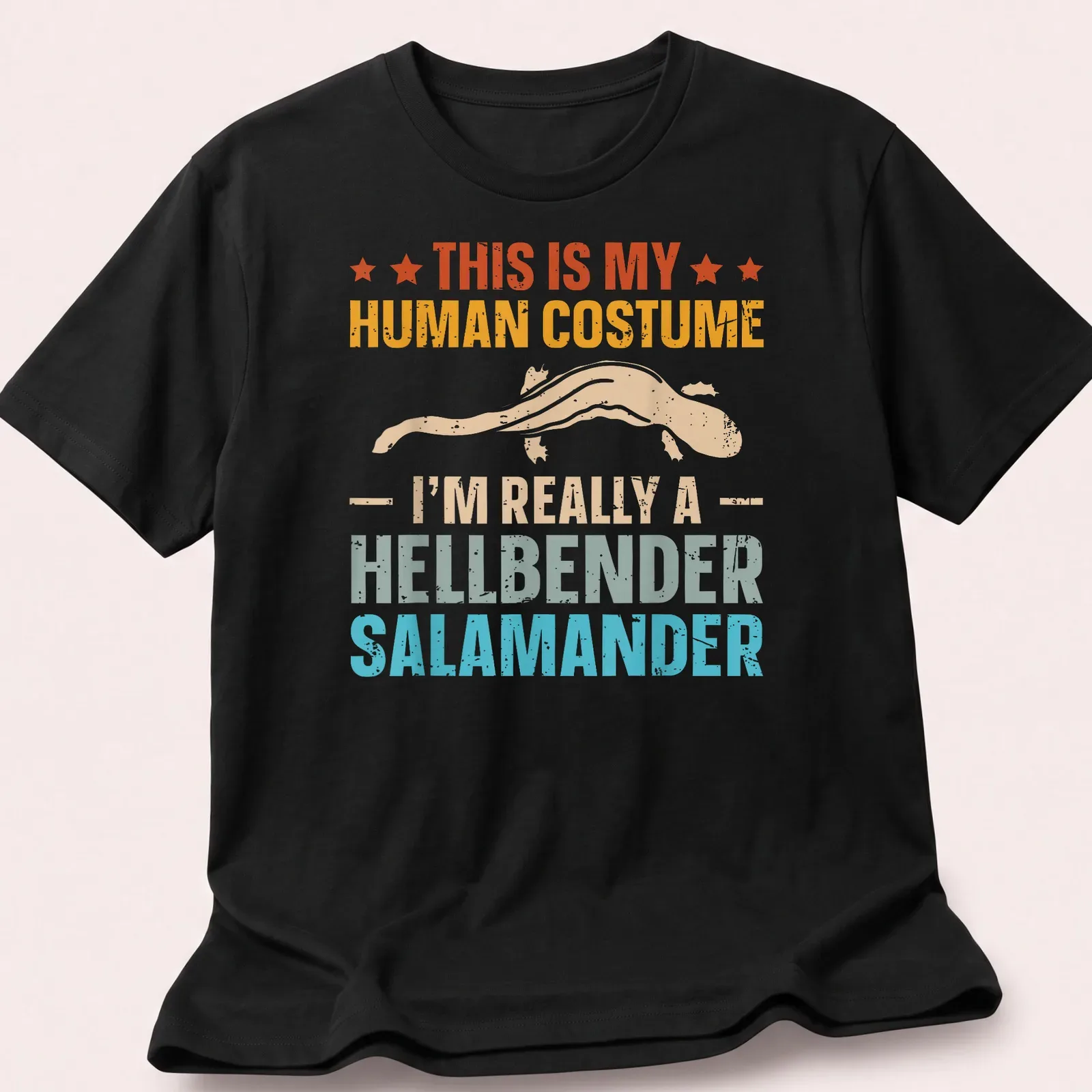 Vintage distressed shirt featuring a hellbender salamander with humorous text — printed on a unisex t-shirt
