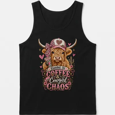 Playful cartoon of a Highland cow with colors brown, pink, and green, alongside text about coffee and chaos. — printed on a tank top