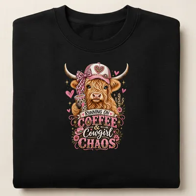 Playful cartoon of a Highland cow with colors brown, pink, and green, alongside text about coffee and chaos. — printed on a unisex sweatshirt
