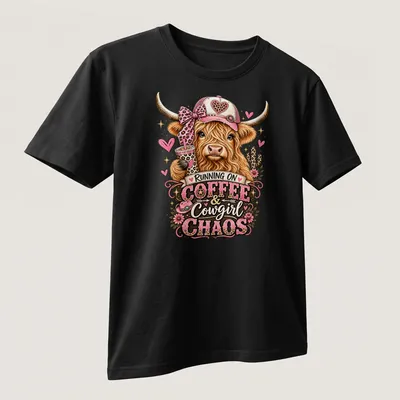 Playful cartoon of a Highland cow with colors brown, pink, and green, alongside text about coffee and chaos. — printed on a unisex t-shirt (angled view)