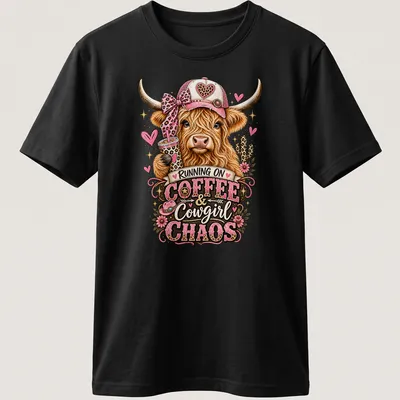 Playful cartoon of a Highland cow with colors brown, pink, and green, alongside text about coffee and chaos.