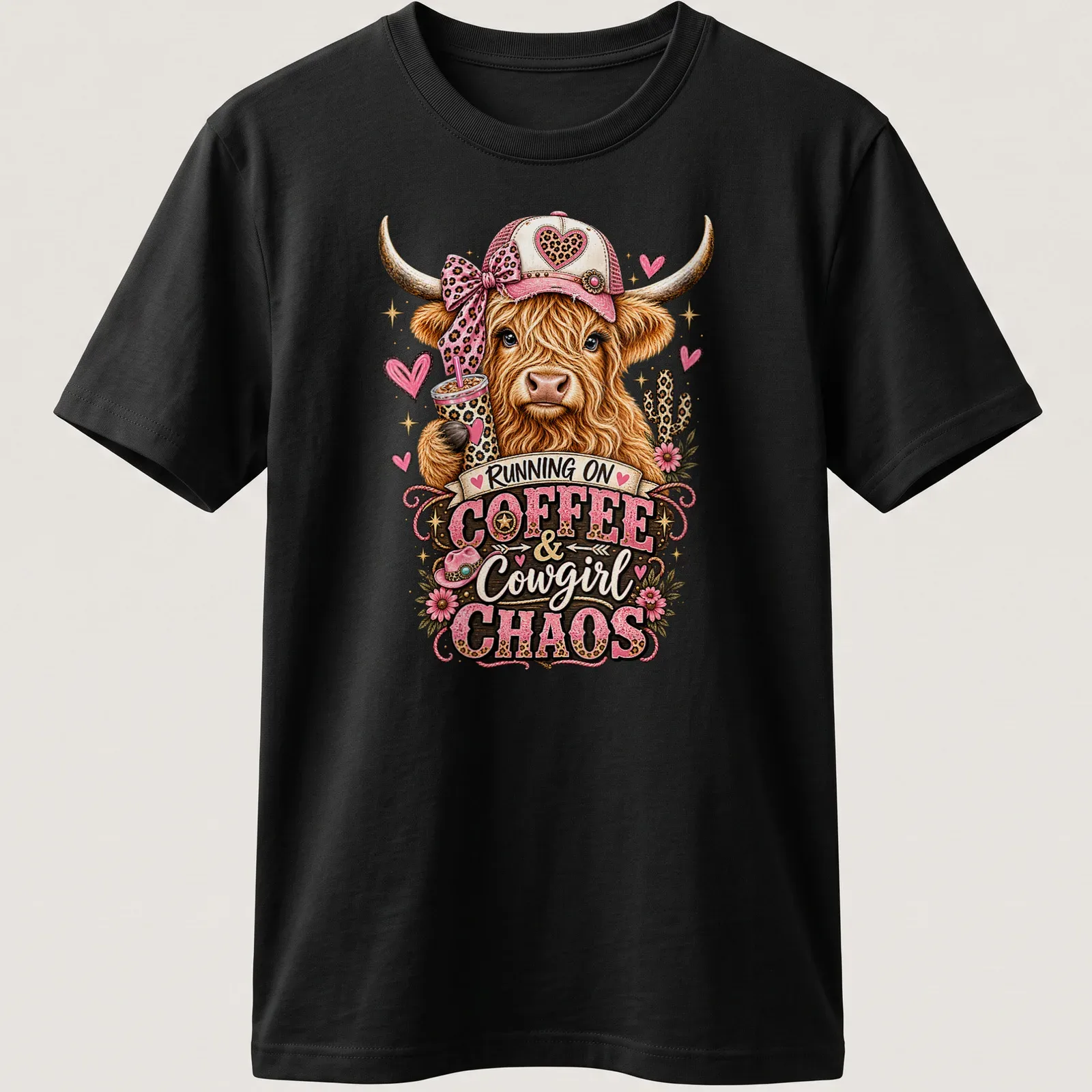 Playful cartoon of a Highland cow with colors brown, pink, and green, alongside text about coffee and chaos. — printed on a unisex t-shirt