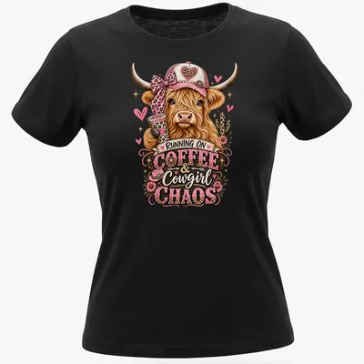 Playful cartoon of a Highland cow with colors brown, pink, and green, alongside text about coffee and chaos. — printed on a women's shirt