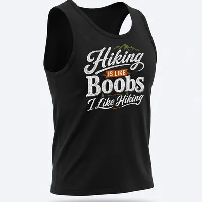 Vintage distressed tee with humorous hiking slogan and mountain graphics — printed on a tank top