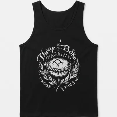 Hobbit-themed shirt with whimsical Hobbit Pies text — printed on a tank top