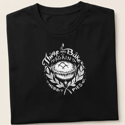Hobbit-themed shirt with whimsical Hobbit Pies text