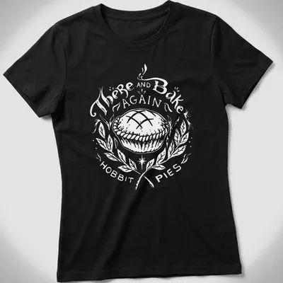 Hobbit-themed shirt with whimsical Hobbit Pies text — printed on a women's shirt
