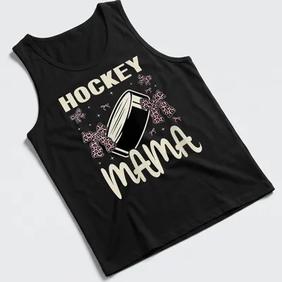 Illustration of a hockey puck with bows and text 'Hockey Mama' in playful style — printed on a tank top