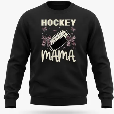 Illustration of a hockey puck with bows and text 'Hockey Mama' in playful style — printed on a unisex sweatshirt