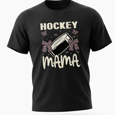 Illustration of a hockey puck with bows and text 'Hockey Mama' in playful style