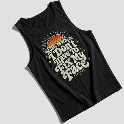 Retro distressed shirt with sunrise and text about comfort at home — printed on a tank top
