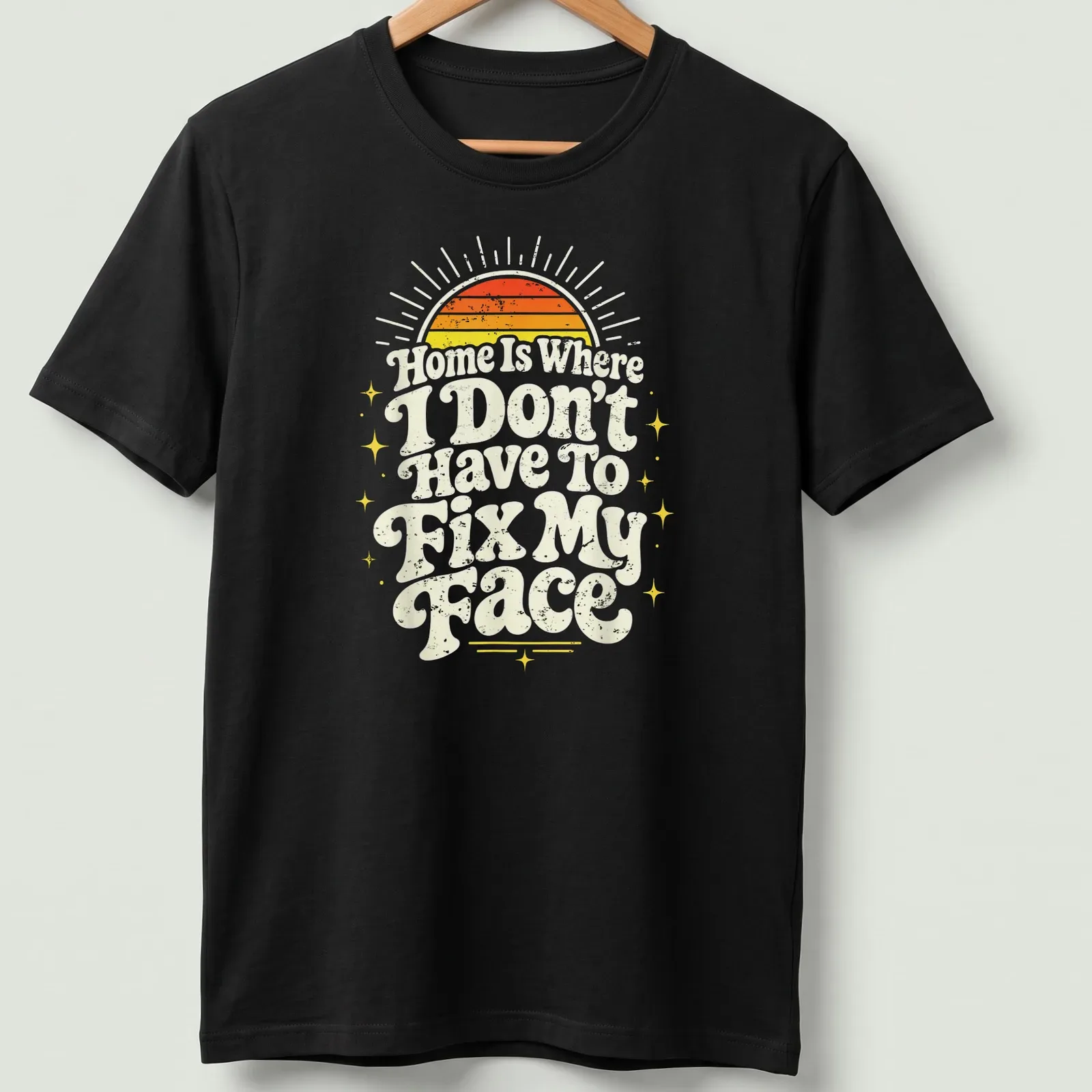 Retro distressed shirt with sunrise and text about comfort at home — printed on a unisex t-shirt