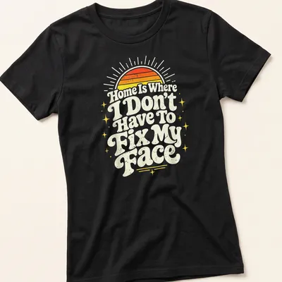 Retro distressed shirt with sunrise and text about comfort at home — printed on a women's shirt