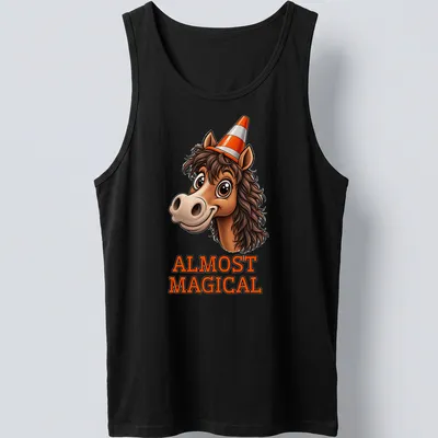 Cartoon horse wearing a cone hat with the words 'Almost Magical' printed underneath. — printed on a tank top