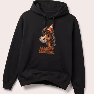 Cartoon horse wearing a cone hat with the words 'Almost Magical' printed underneath. — printed on a unisex hoodie