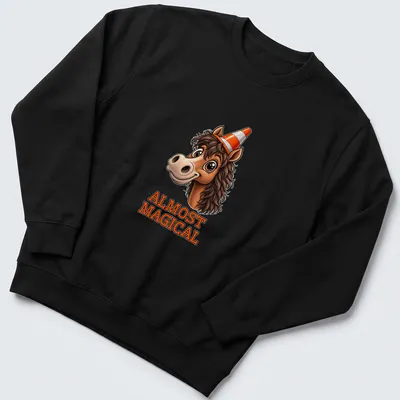 Cartoon horse wearing a cone hat with the words 'Almost Magical' printed underneath. — printed on a unisex sweatshirt