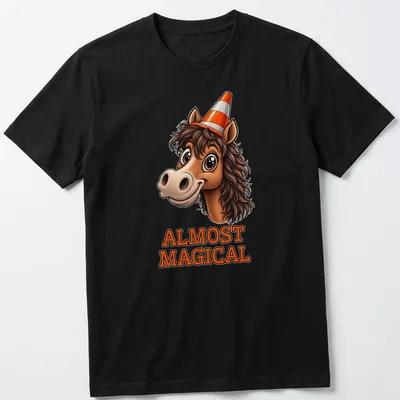 Cartoon horse wearing a cone hat with the words 'Almost Magical' printed underneath. — printed on a unisex t-shirt