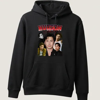 Retro styled t-shirt featuring the name Hudson Williams in red, black, and white. — printed on a unisex hoodie