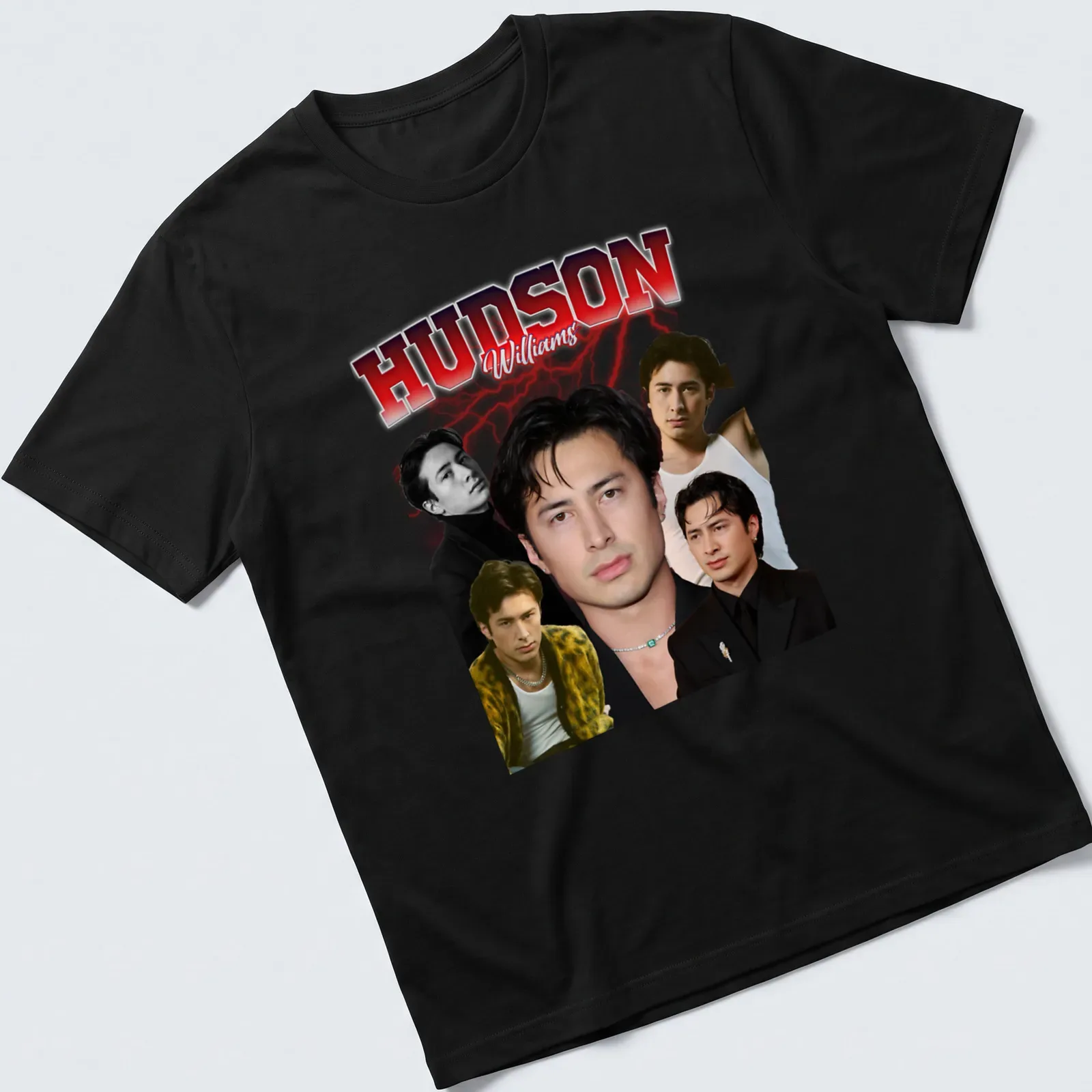 Retro styled t-shirt featuring the name Hudson Williams in red, black, and white. — printed on a unisex t-shirt