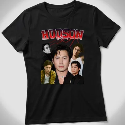 Retro styled t-shirt featuring the name Hudson Williams in red, black, and white. — printed on a women's shirt