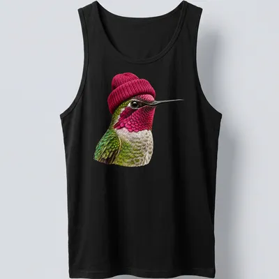 Realistic hummingbird wearing a beanie in green, pink, and white — printed on a tank top