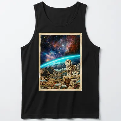 Vintage cosmic art featuring a husky and the text 'Mapping The Cosmic Horizon' in various colors. — printed on a tank top
