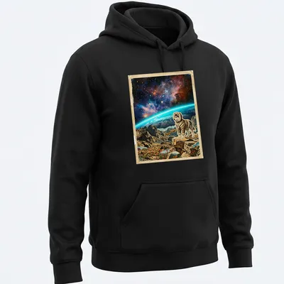 Vintage cosmic art featuring a husky and the text 'Mapping The Cosmic Horizon' in various colors. — printed on a unisex hoodie