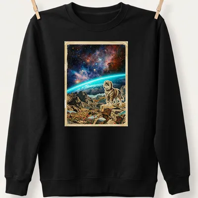 Vintage cosmic art featuring a husky and the text 'Mapping The Cosmic Horizon' in various colors. — printed on a unisex sweatshirt
